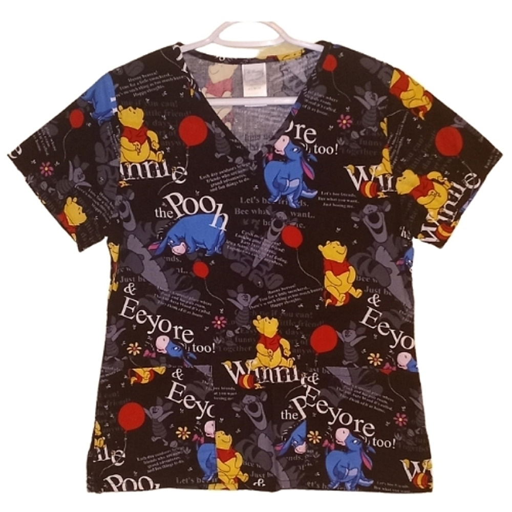 DISNEY Women's Scrub Top Winnie the Pooh & Friends Black XS EUC - Picture 1 of 3